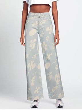 Frame Abstract Printed Wide Leg Cropped Baggy Jeans Blue 27